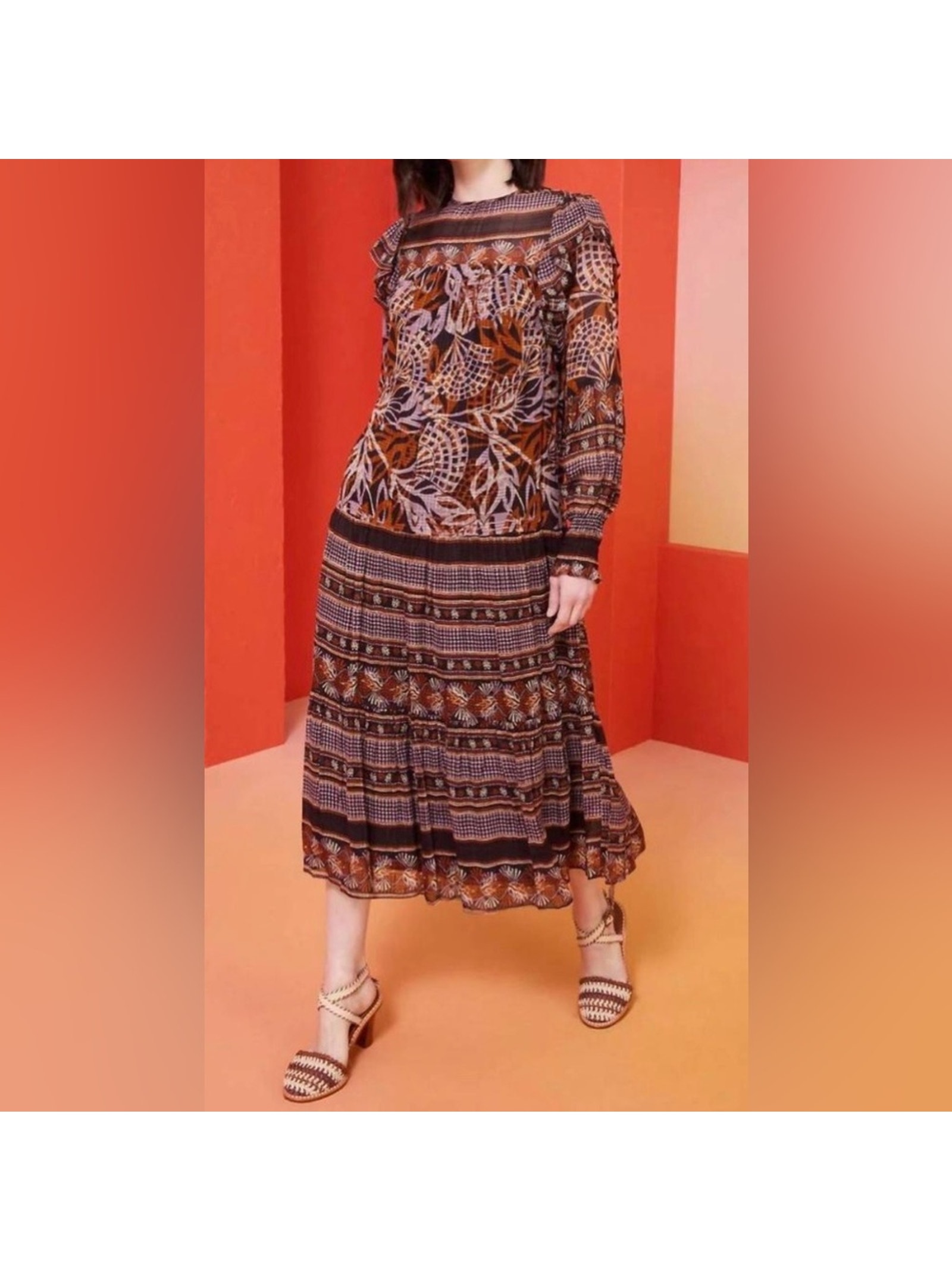 New Marie Oliver Gracie Dress Orchid Leaf Chiffon Midi Maxi Boho Ruffle Medium